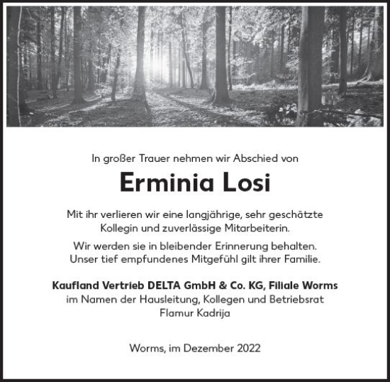 Traueranzeige von Erminia Losi von vrm-trauer Bürstädter/Lamperth. Ztg/Starkenburger
