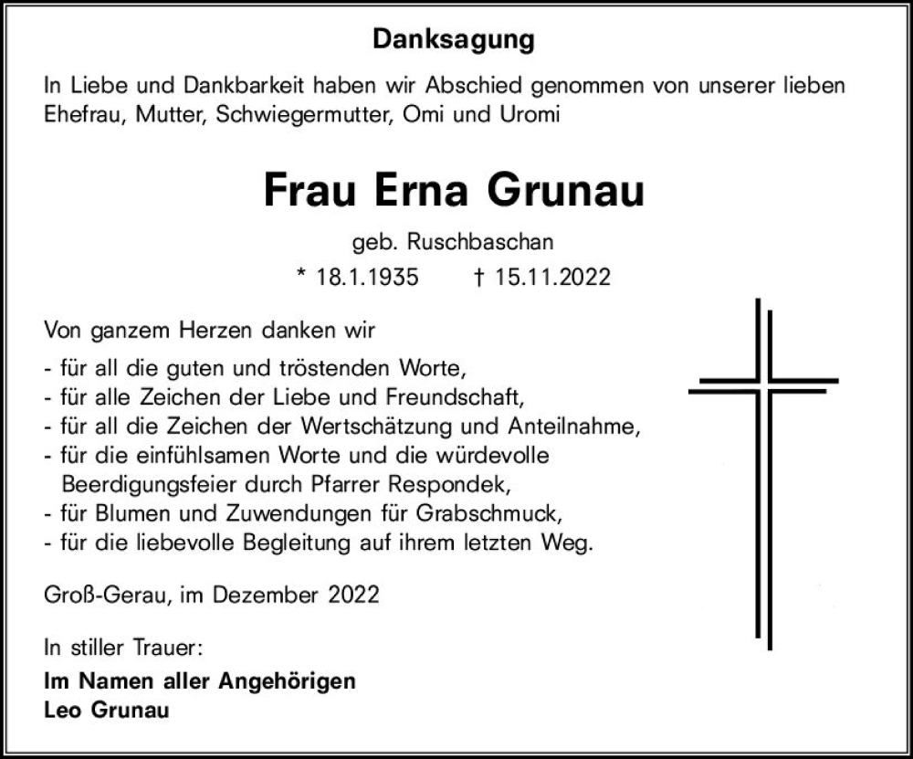  Traueranzeige für Erna Grunau vom 10.12.2022 aus vrm-trauer Groß-Gerauer Echo