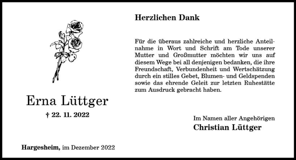  Traueranzeige für Erna Lüttger vom 30.12.2022 aus vrm-trauer Allg. Zeitung Bad Kreuznach