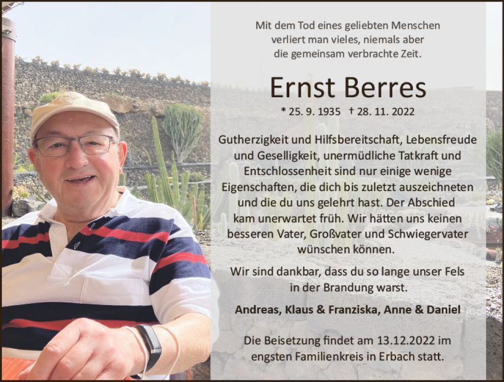  Traueranzeige für Ernst Berres vom 03.12.2022 aus vrm-trauer Odenwälder Echo