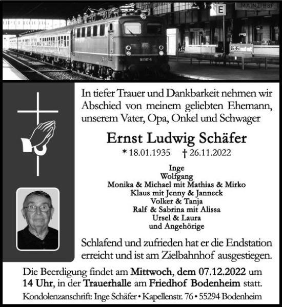 Traueranzeige von Ernst Ludwig Schäfer von vrm-trauer AZ Mainz