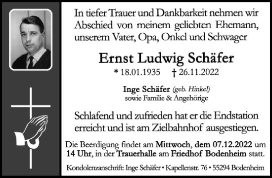Traueranzeige von Ernst Ludwig Schäfer von vrm-trauer Allgemeine Zeitung Alzey