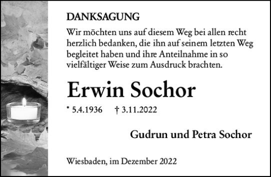 Traueranzeige von Erwin Sochor von vrm-trauer Wiesbadener Kurier