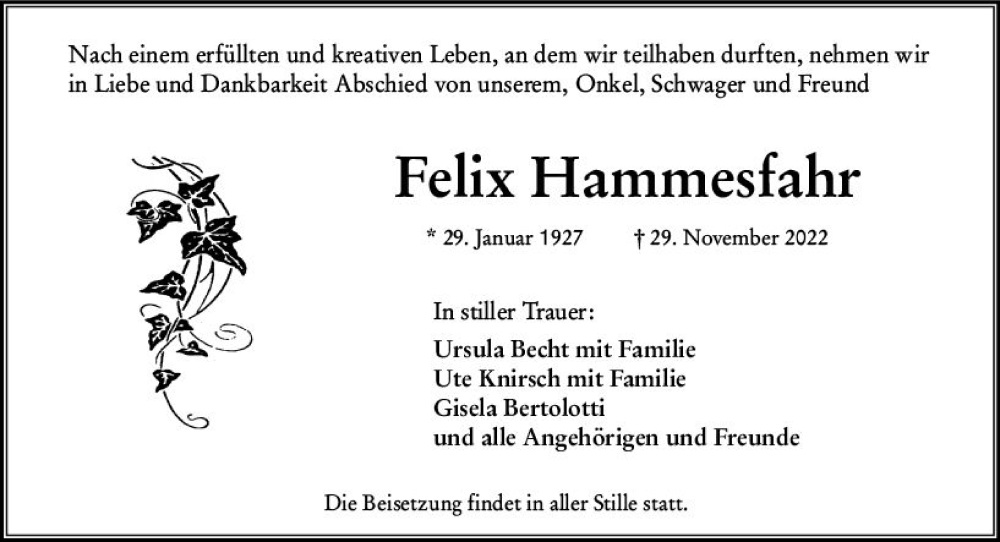  Traueranzeige für Felix Hammesfahr vom 03.12.2022 aus vrm-trauer Wiesbadener Kurier