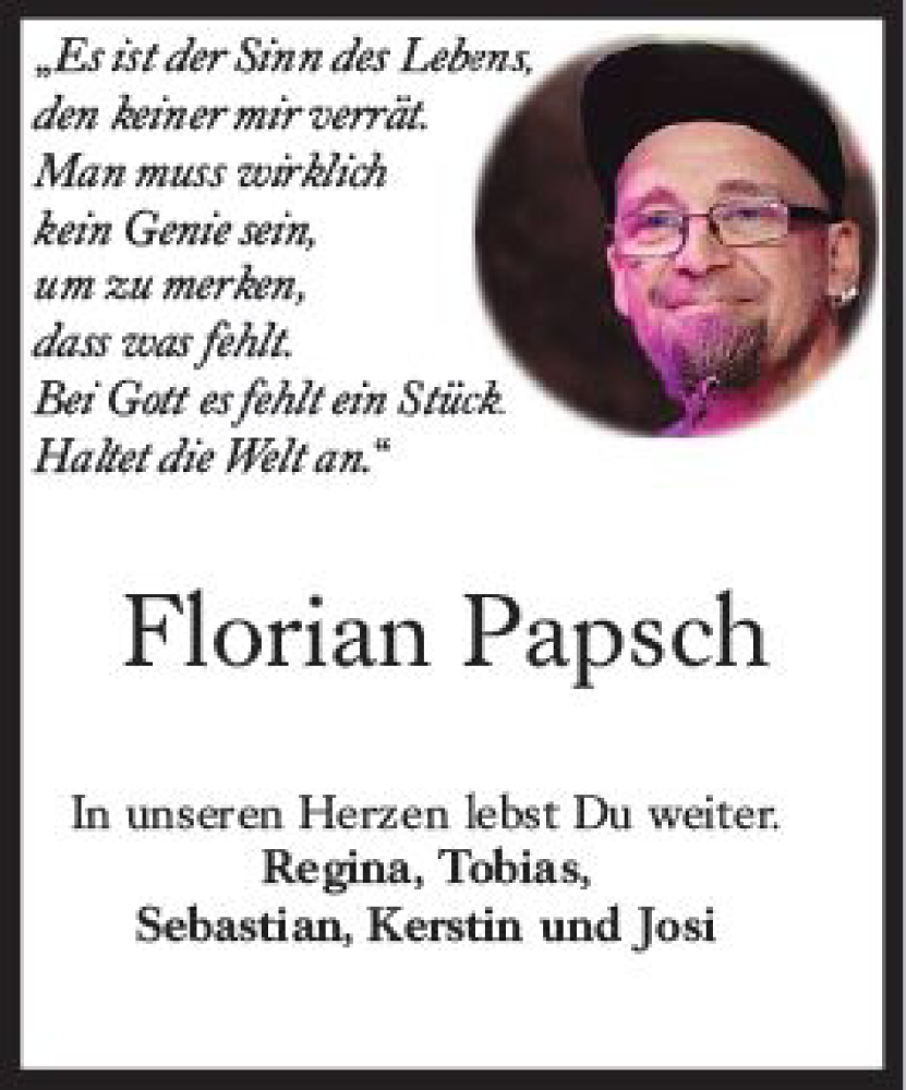  Traueranzeige für Florian Papsch vom 03.12.2022 aus vrm-trauer Wiesbadener Kurier