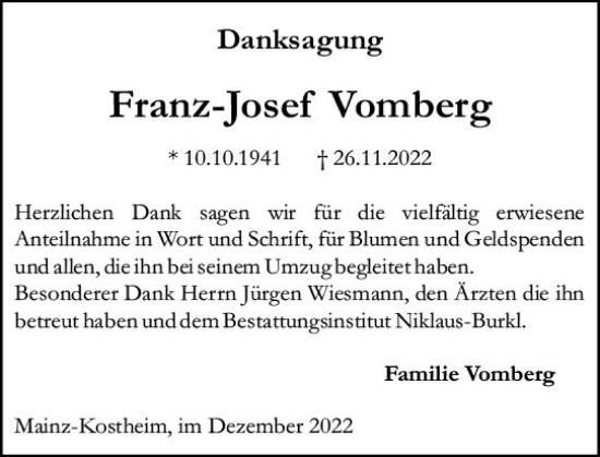 Traueranzeige von Franz-Josef Vomberg von vrm-trauer AZ Mainz