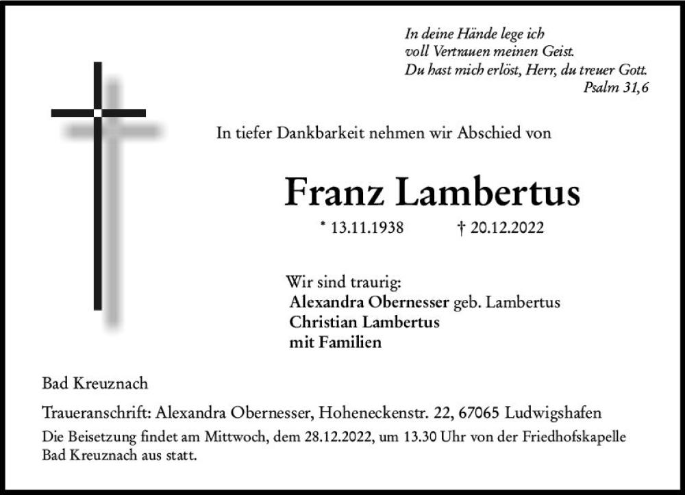  Traueranzeige für Franz Lambertus vom 24.12.2022 aus vrm-trauer Allg. Zeitung Bad Kreuznach