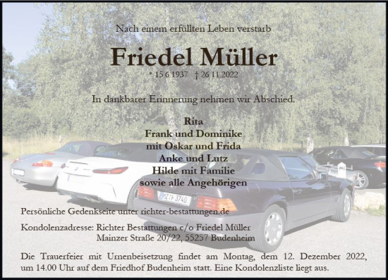 Traueranzeige von Friedel Müller von vrm-trauer AZ Mainz