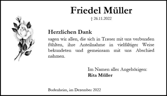 Traueranzeige von Friedel Müller von vrm-trauer AZ Mainz