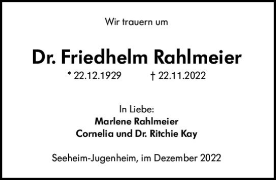 Traueranzeige von Friedhelm Rahlmeier von vrm-trauer Darmstädter Echo
