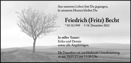 Traueranzeige von Friedrich  Becht von vrm-trauer Darmstädter Echo