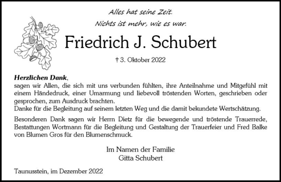 Traueranzeige von Friedrich J. Schubert von vrm-trauer Wiesbadener Kurier