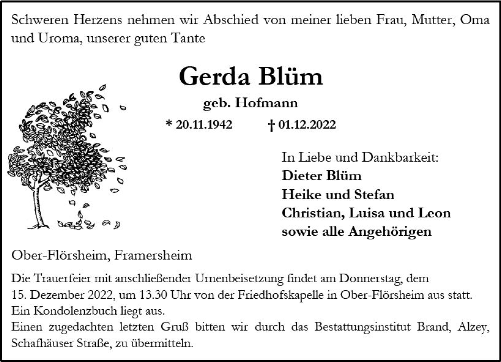  Traueranzeige für Gerda Blüm vom 03.12.2022 aus vrm-trauer Allgemeine Zeitung Alzey