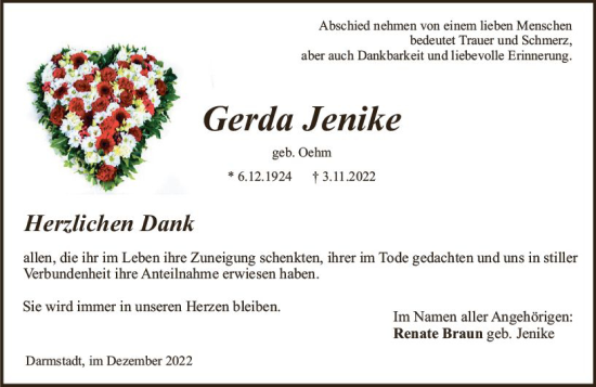 Traueranzeige von Gerda Jenike von vrm-trauer Darmstädter Echo