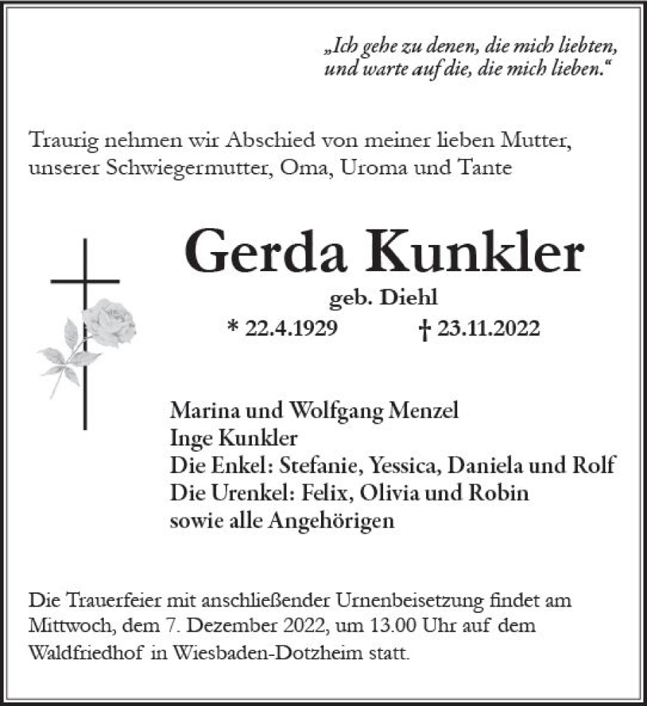  Traueranzeige für Gerda Kunkler vom 03.12.2022 aus vrm-trauer Wiesbadener Kurier