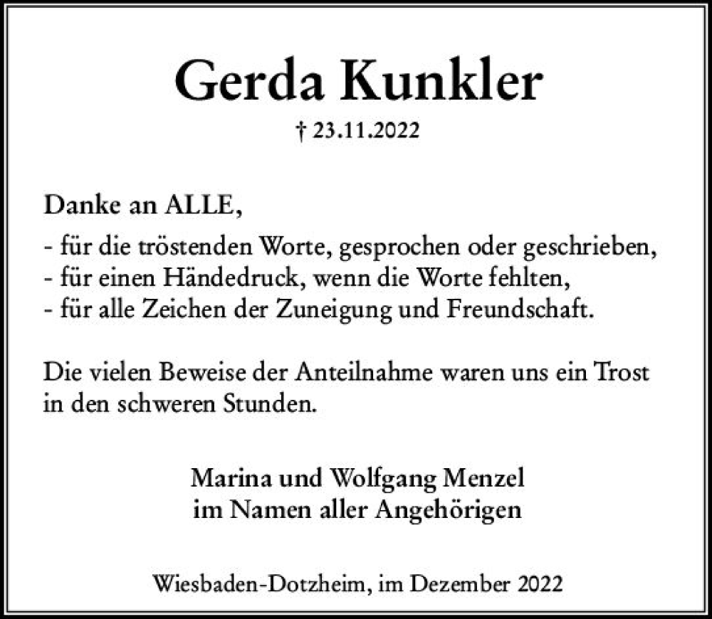  Traueranzeige für Gerda Kunkler vom 17.12.2022 aus vrm-trauer Wiesbadener Kurier