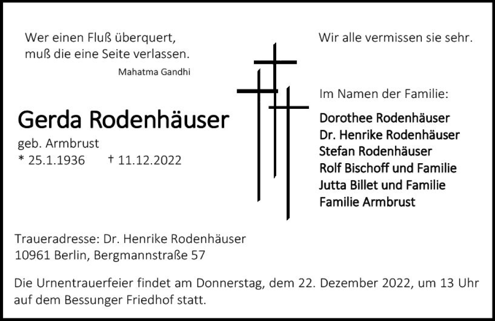  Traueranzeige für Gerda Rodenhäuser vom 17.12.2022 aus vrm-trauer Darmstädter Echo