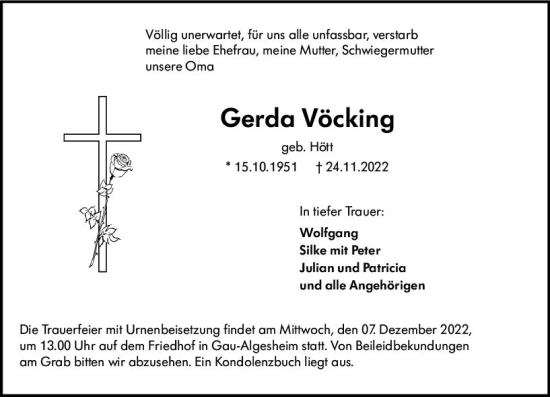 Traueranzeige von Gerda Vöcking von vrm-trauer Allgemeine  Zeitung Ingelheim-Bingen