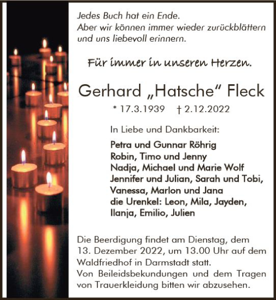 Traueranzeige von Gerhard Fleck von vrm-trauer Darmstädter Echo