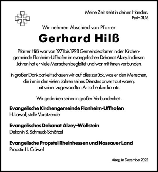 Traueranzeige von Gerhard Hilß von vrm-trauer Allgemeine Zeitung Alzey
