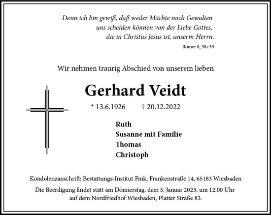 Traueranzeige von Gerhard Veidt von vrm-trauer Wiesbadener Kurier
