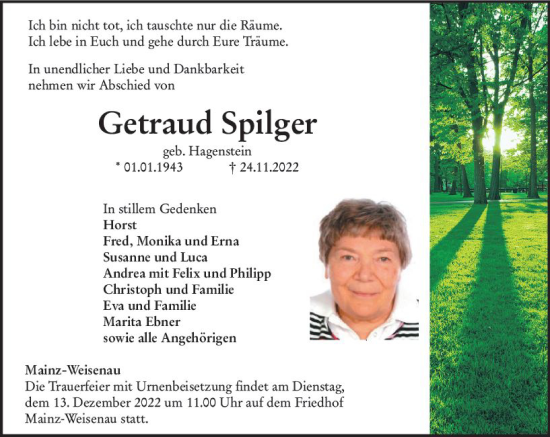 Traueranzeige von Getraud Spilger von vrm-trauer AZ Mainz