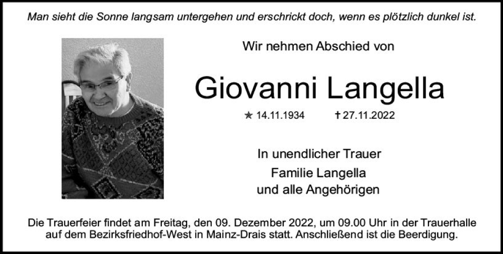  Traueranzeige für Giovanni Langella vom 03.12.2022 aus vrm-trauer AZ Mainz