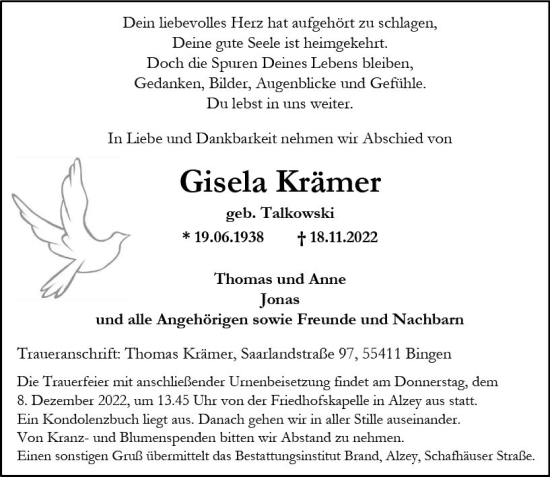 Traueranzeige von Gisela Krämer von vrm-trauer Allgemeine Zeitung Alzey