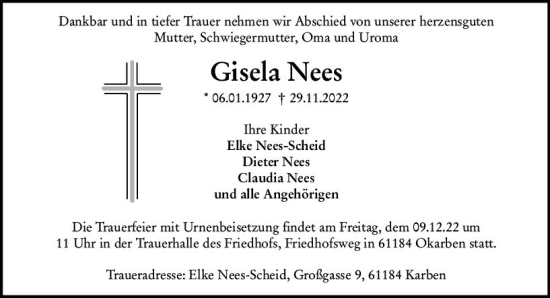 Traueranzeige von Gisela Nees von vrm-trauer Allg. Zeitung Bad Kreuznach