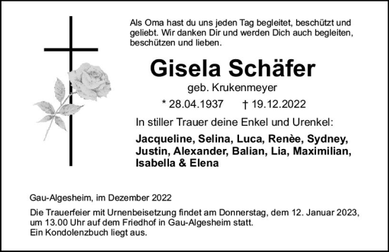 Traueranzeige von Gisela Schäfer von vrm-trauer Allgemeine  Zeitung Ingelheim-Bingen