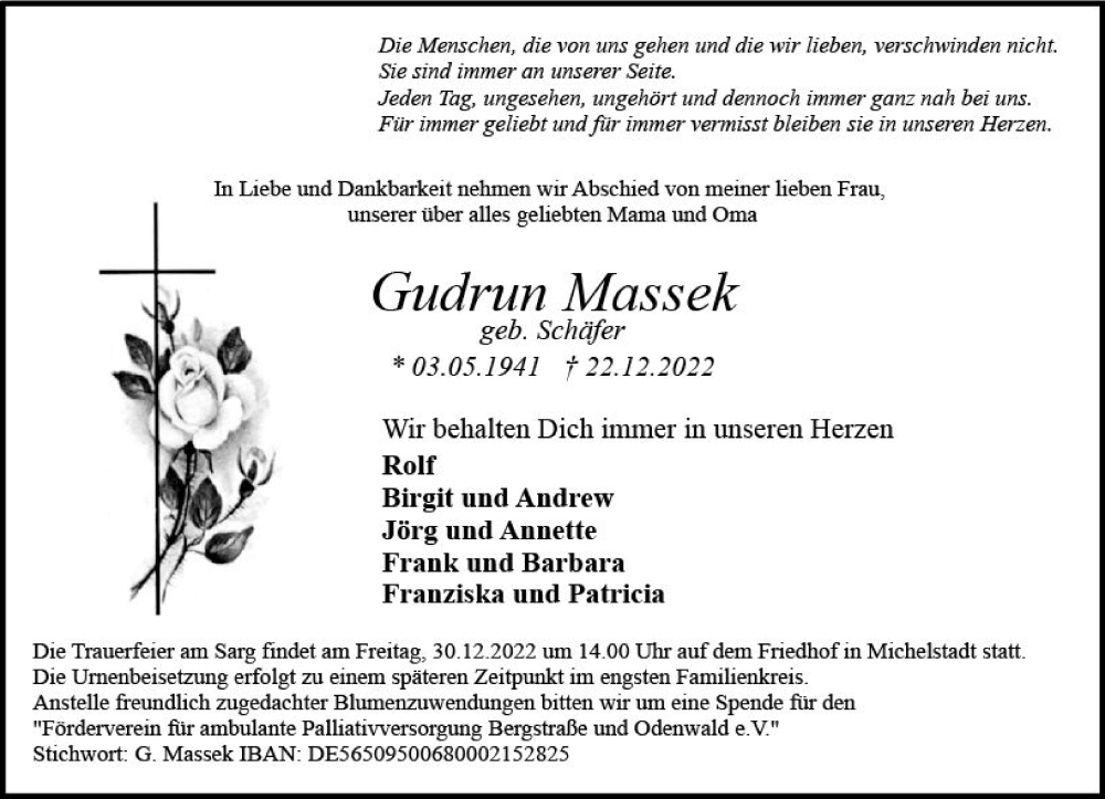  Traueranzeige für Gudrun Massek vom 27.12.2022 aus vrm-trauer Odenwälder Echo
