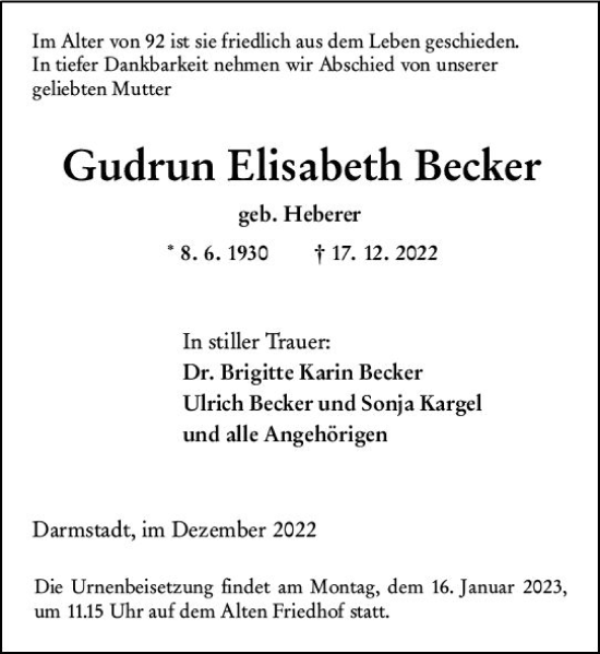 Traueranzeige von Gudrun Elisabeth Becker von vrm-trauer Darmstädter Echo