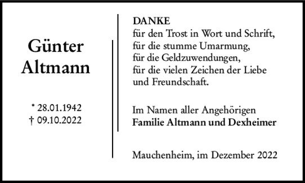  Traueranzeige für Günter Altmann vom 10.12.2022 aus vrm-trauer Allgemeine Zeitung Alzey