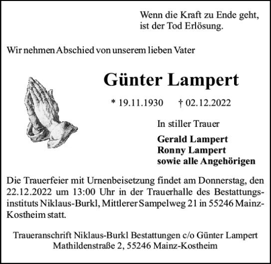 Traueranzeige von Günter Lampert von vrm-trauer AZ Mainz