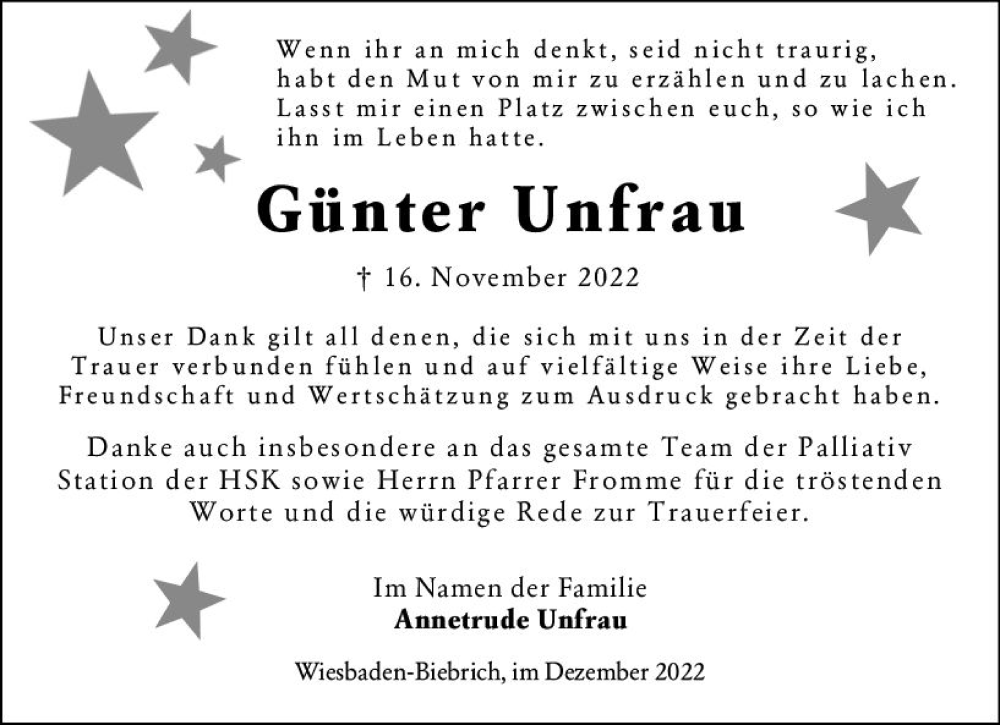  Traueranzeige für Günter Unfrau vom 17.12.2022 aus vrm-trauer Wiesbadener Kurier
