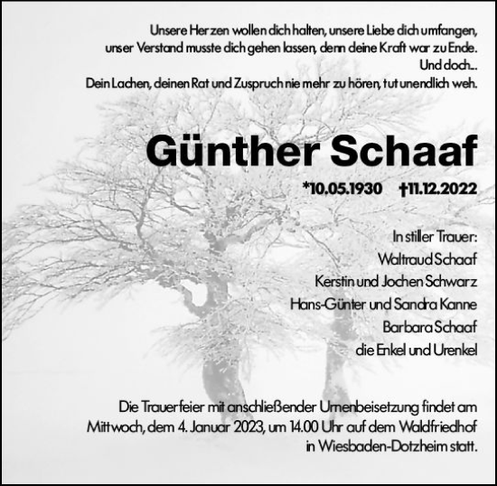 Traueranzeige von Günther Schaaf von vrm-trauer Wiesbadener Kurier