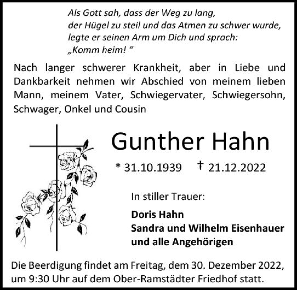  Traueranzeige für Gunther Hahn vom 24.12.2022 aus vrm-trauer Darmstädter Echo