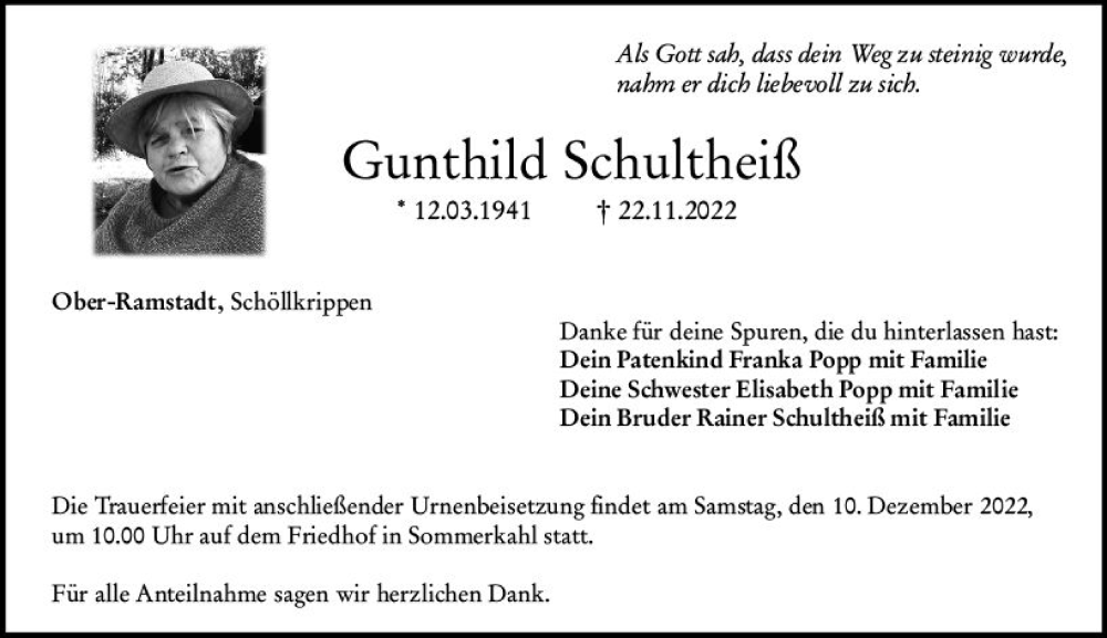 Traueranzeige für Gunthild Schultheiß vom 06.12.2022 aus vrm-trauer Darmstädter Echo