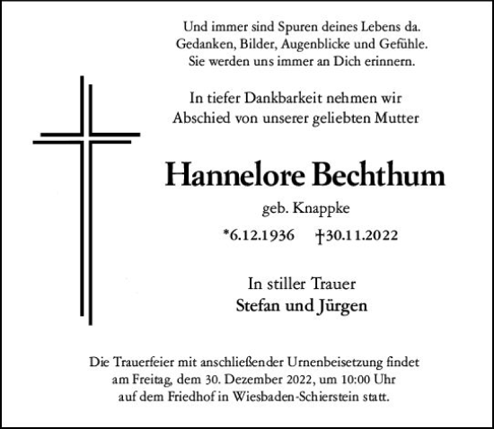 Traueranzeige von Hannelore Bechthum von vrm-trauer Wiesbadener Kurier