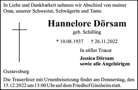 Traueranzeige von Hannelore Dörsam von vrm-trauer AZ Mainz