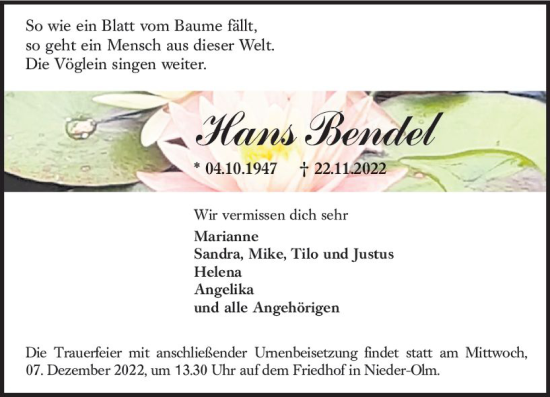 Traueranzeige von Hans Bendel von vrm-trauer AZ Mainz