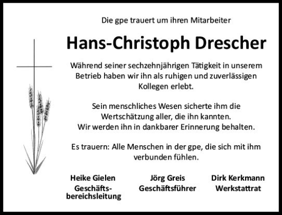 Traueranzeige von Hans-Christoph Drescher von vrm-trauer AZ Mainz