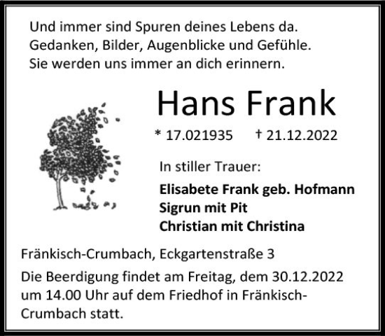 Traueranzeige von Hans Frank von vrm-trauer Odenwälder Echo