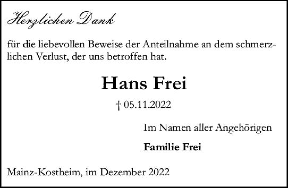  Traueranzeige für Hans Frei vom 03.12.2022 aus vrm-trauer AZ Mainz