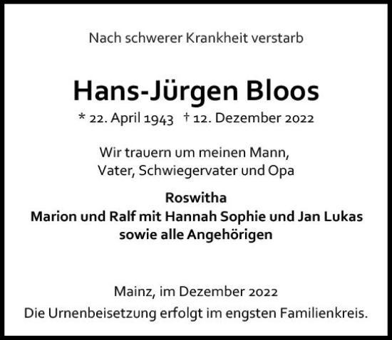 Traueranzeige von Hans-Jürgen Bloos von vrm-trauer AZ Mainz