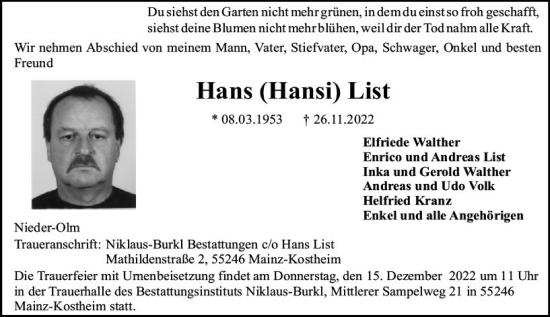 Traueranzeige von Hans List von vrm-trauer AZ Mainz