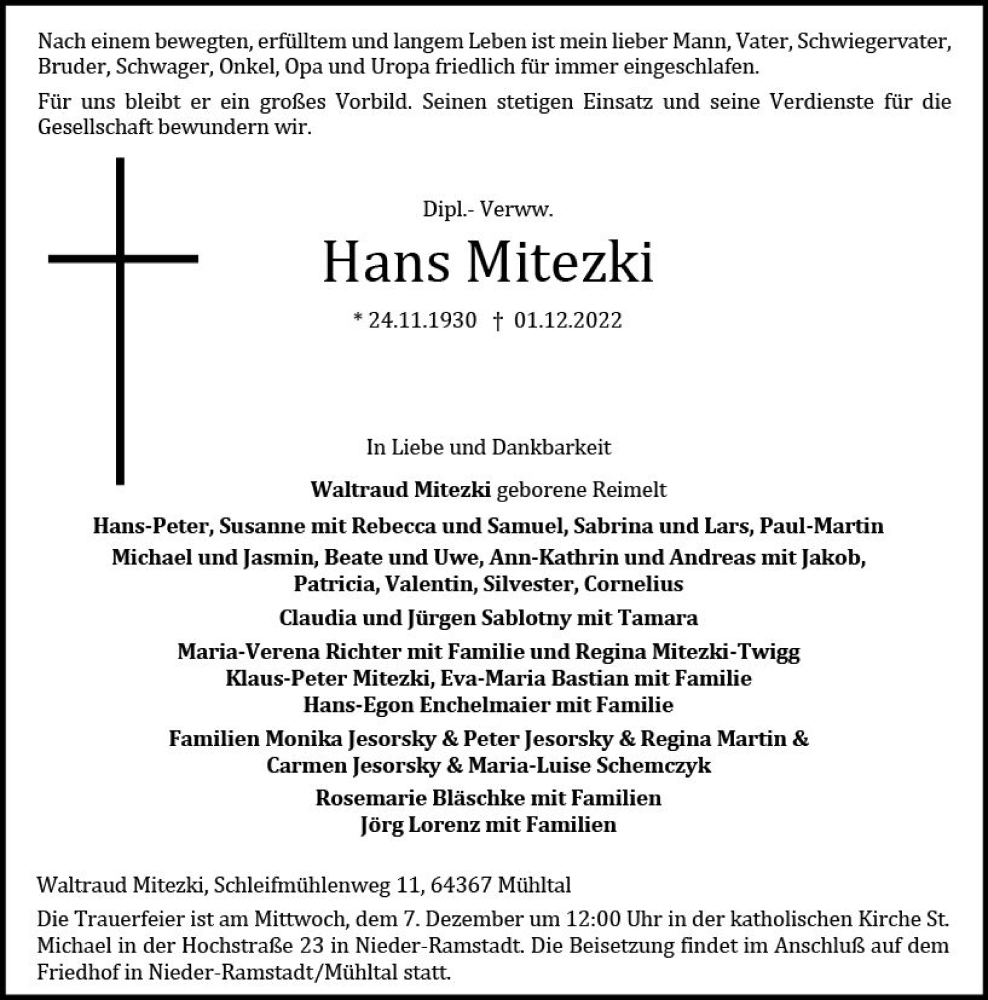  Traueranzeige für Hans Mitezki vom 06.12.2022 aus vrm-trauer Darmstädter Echo