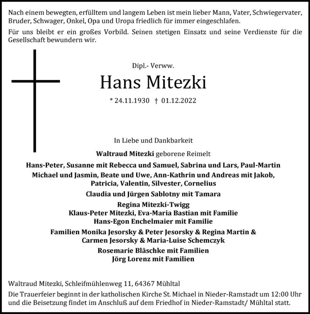  Traueranzeige für Hans Mitezki vom 03.12.2022 aus vrm-trauer Darmstädter Echo