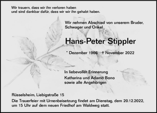 Traueranzeige von Hans-Peter Stippler von vrm-trauer Rüsselsheimer Echo / MainSpitze