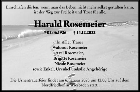 Traueranzeige von Harald Rosemeier von vrm-trauer Wiesbadener Kurier